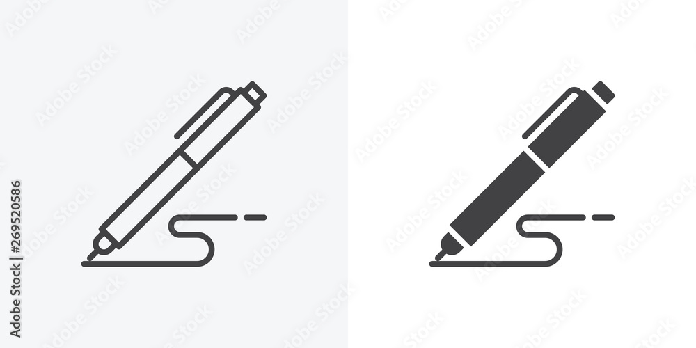 Poster pen, write icon. line and glyph version, signature pen outline and filled vector sign. linear and fu
