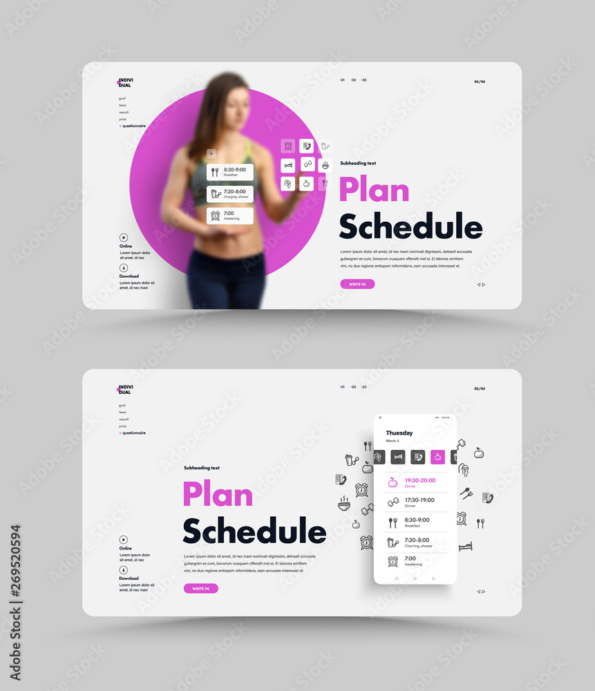 Poster Vector white web page template for planning your daily routine. UI website design with mobile phone and application.