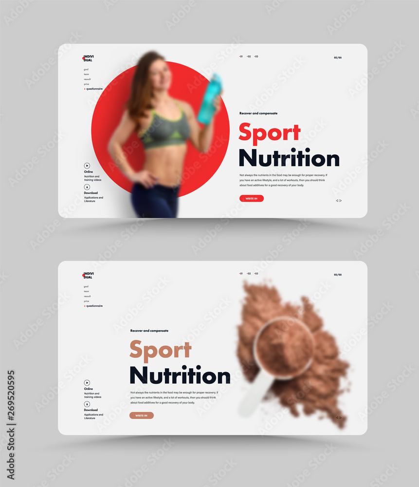 Poster set of ui/ux website design homepage for sports nutrition or supplements.