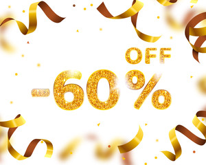 Banner 60 off with share discount percentage, Gold Ribbon Fly.