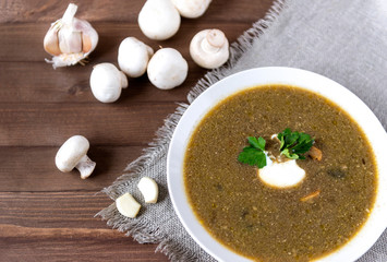 mushroom soup with sour cream and a sprig of parsley, champignons