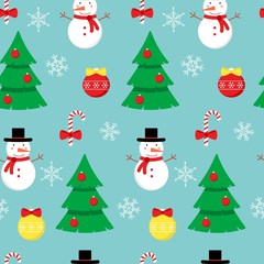 Cute vector seamless pattern with flat icons for Happy New Year and Christmas Day. Festive background with Snowman, Christmas tree, balls, candy canes, snowflakes for print, decoration, wallpaper.
