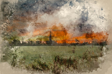 Fototapeta premium Watercolour painting of Winter frosty sunrise landscape Salisbury cathedral city in England
