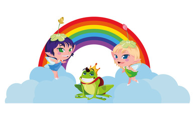 Obraz na płótnie Canvas beautiful magic fairies with toad prince and rainbow scene