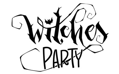 Witches Party quote. Modern hand drawn script style lettering phrase. Logo, print, poster, card, t-short, invintation, smm isolated black design element.
