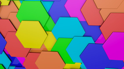 background from multicolored three-dimensional hexagons. Abstract rainbow illustration. 3d render