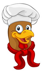 A chef chicken rooster cockerel cartoon character mascot wearing a white chefs hat