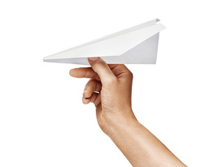 Man's hand holds paper plane isolated on white background. Close up. High resolution product