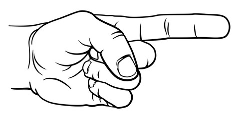 A hand pointing a finger in a direction sign. In a vintage antique engraving woodblock or woodcut style.