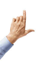 Man's hand in a shirt pointing to something isolated on white background. Close up. High resolution product