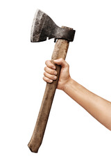 Man's hand holds an axe isolated on white background. Close up. High resolution