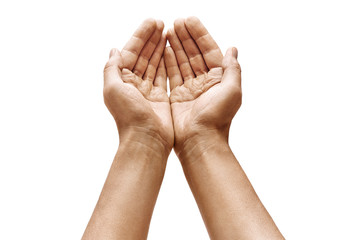 Man's cupped hands showing something on white background. Palms up. High resolution product