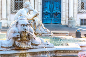 Fontana del Moro, or Moor Fountain, on Piazza Navona, Rome, Italy. Detailed view of sculptures
