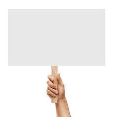 Man's hand holding empty board on white background. Copy space for your text. Close up. High resolution product