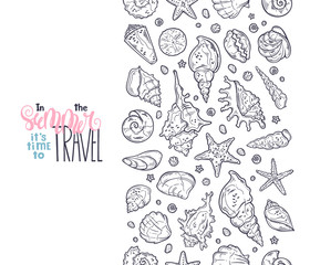 Vector seashells sketches. Lettering: In the summer it is time to travel.