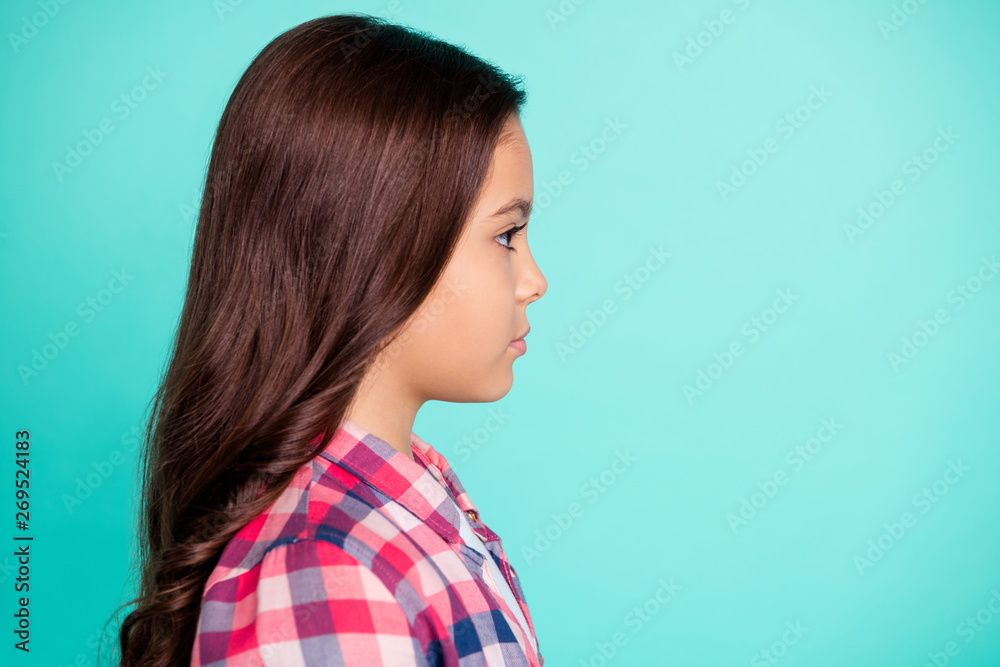 Sticker Portrait of nice attractive gorgeous pretty kid person feel pensive good-looking ready study future student dressed bright fashionable clothes plaid isolated turquoise background 