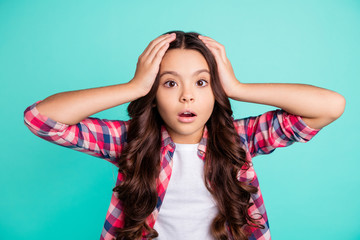 Portrait of horrified little person girl astonished impressed terrible news frustrated disappointed...