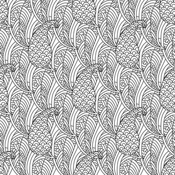 Abstract hand drawn outline doodle ornament seamless pattern with flowers and paisley isolated on white background. Coloring book for adult and older children.