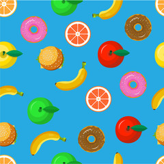 Food and fruit vector seamless pattern on brown background.