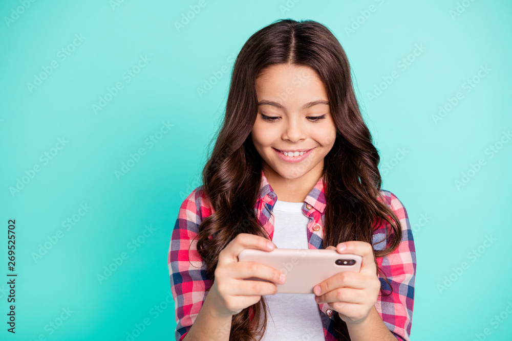 Canvas Prints Close-up portrait of her she nice attractive charming cute cheerful cheery wavy-haired girl in checked shirt chatting 5g speed isolated on bright vivid shine green blue turquoise background