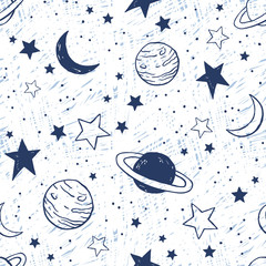 Seamless space pattern with planets, constellations and stars