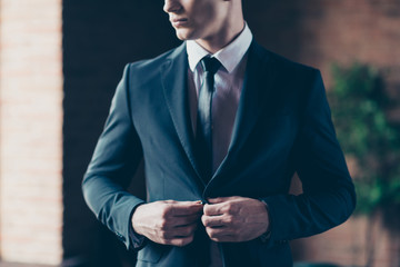 Cropped close up photo perfect fashion look handsome he him his thoughtful keep silence calm...