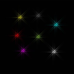 Vector glowing light bursts with sparkles on black background.