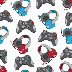 Gamepad joystick game controller and Headphones with microphone seamless pattern. Devices for video games, esports, gamer and streemer. Hand drawn objects on white background