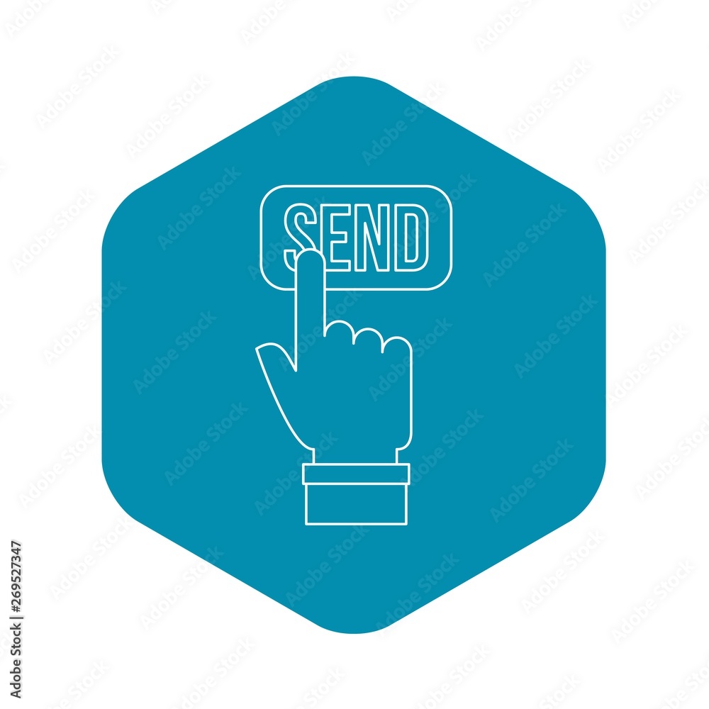 Poster hand pressing a button with the text send icon. outline illustration of hand pressing a button with 