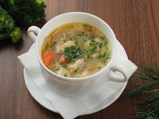 Chicken Soup with Potatoes, Tomatoes, Herbs and Broccoli