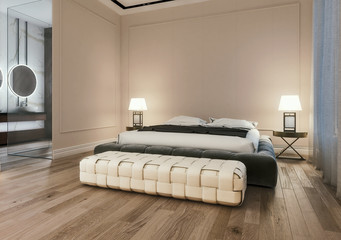 Modern interior design of master bedroom with large bathroom, king size bed with bed sheets, wooden flooring and classic style gray walls with decorative moldings, night scene, 3d rendering