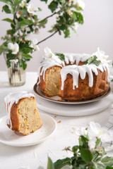 Piece of apple cake with cinnamon and icing on white background with flowering apple branches. Spring mood. Bakery, confectionery concept.