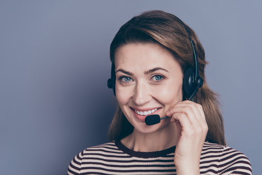 Close-up portrait of her she nice attractive pretty confident cheerful cheery positive wavy-haired lady striped real estate house property rent broker isolated on gray pastel violet purple background