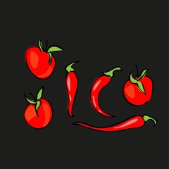 Still life. Ripe tomatoes, cherry tomatoes and hot peppers. Vector illustration.
