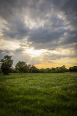 Rural landscape in Bliesgau. Saarland, western Germany on a cloudy yet bright afternoon in the...