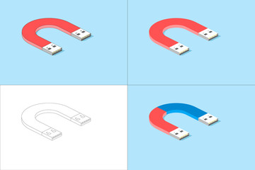 Flash drive in the form of a magnet. Blue and white background. Circuit. Set of flat vector illustrations.