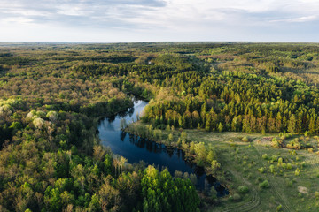 Fototapeta na wymiar Aerial view of small blue lake among green forest trees on a calm sunny evening