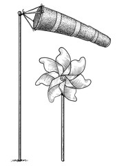 windsock and pinwheel illustration, drawing, engraving, ink, line art, vector