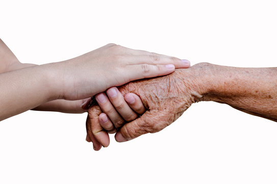 Encouragement old and young hands isolated on black background,include clipping path.