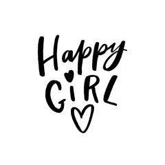 Kids lettering slogan happy girl for print, textile, clothes. Kids fashion calligraphy.