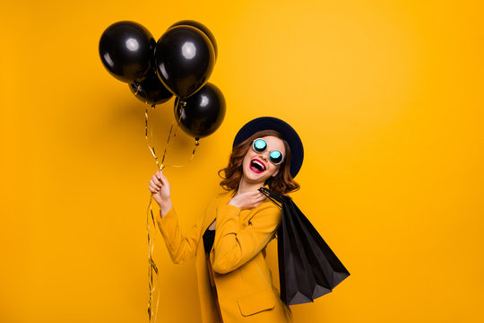 Close up side profile photo beautiful she her lady laugh laughter carry packs perfect look buy buyer present gift birthday discount wear specs formal-wear costume isolated yellow bright background