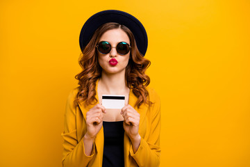 Close up photo beautiful she her coquette lady hands arms credit card abroad vacation traveler send...