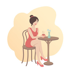 Cute woman drink coffee at cafe colorful flat illustration