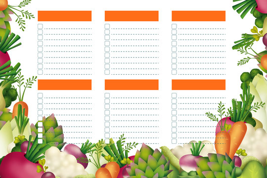 Bright vegetables weekly/daily planner, healthy food template white isolated