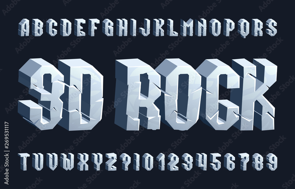 Fototapete 3d rock alphabet font. cracked letters and numbers. stock vector typescript for your typography desi