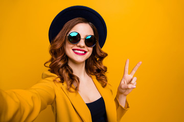 Close up photo beautiful funny funky she her toothy lady make take selfies show v-sign symbol...