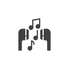 Musical notes and earphones vector icon. filled flat sign for mobile concept and web design. Listen music glyph icon. Symbol, logo illustration. Vector graphics