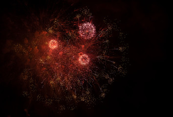Fototapeta na wymiar Bright salute in the black sky. Fireworks against the dark sky.
