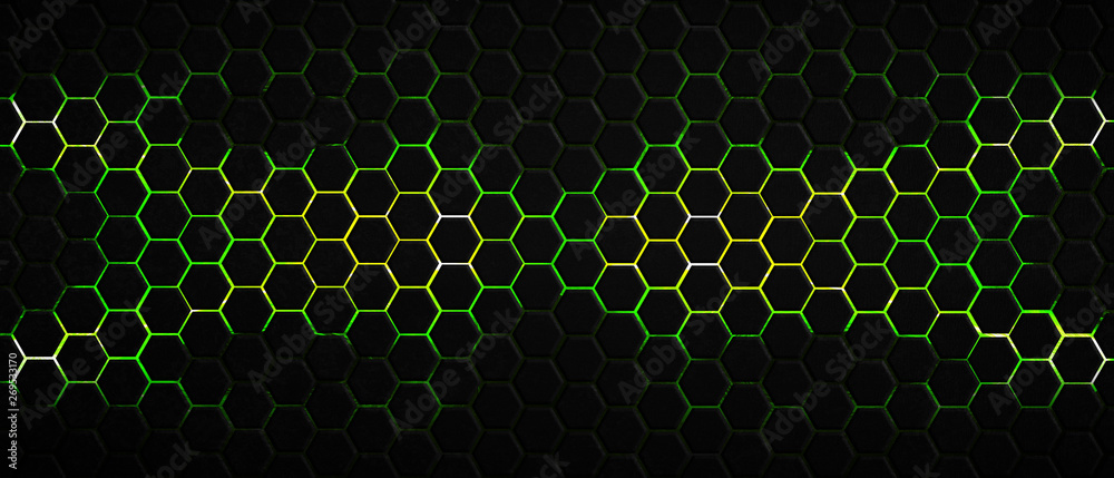 Wall mural dark hexagon background and green light