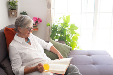 Side view of a senior woman in relaxing moment drinking and reading a book sitted on the sofa. One...